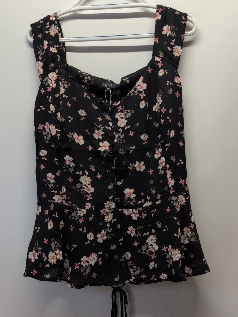 Zenobia TEEN PLUS/Adult Black Floral Peplum Camisole with Pink and Cream Blooms.